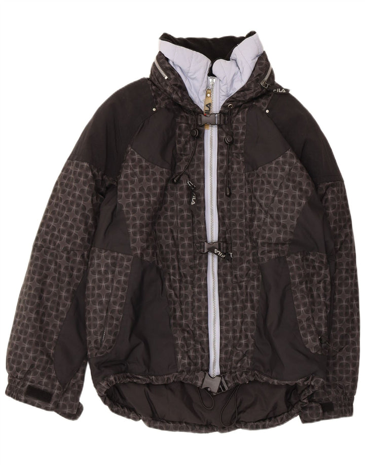 FILA Dame Oversized Hætte Skijakke US 6 Medium Sort Geometrisk
