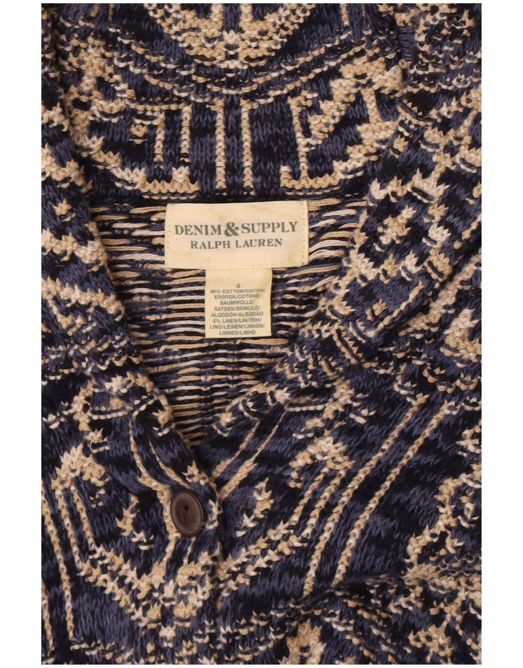 Ralph Lauren Dame abstrakt mønster cardigan sweater UK 8 Small Navy Blue
