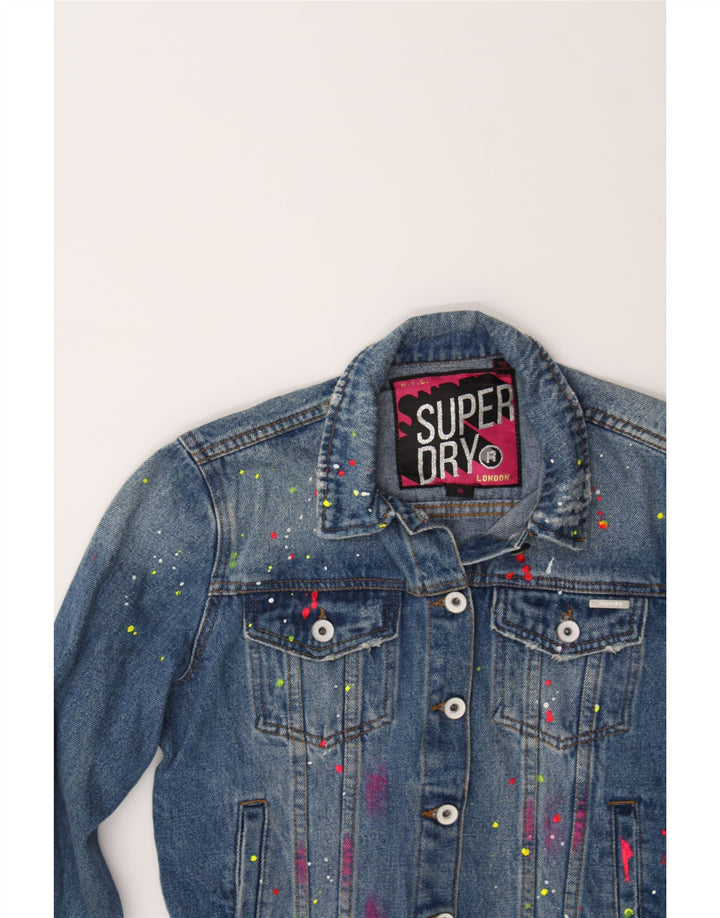 SUPERDRY Womens Graphic Crop Denim Jacket UK 10 Small  Blue Spotted Cotton Vintage Superdry and Second-Hand Superdry from Messina Hembry 