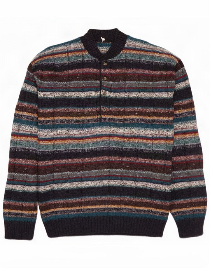Vintage Herre-sweater med knapudskæring Medium Flerfarvet Stribet Uld