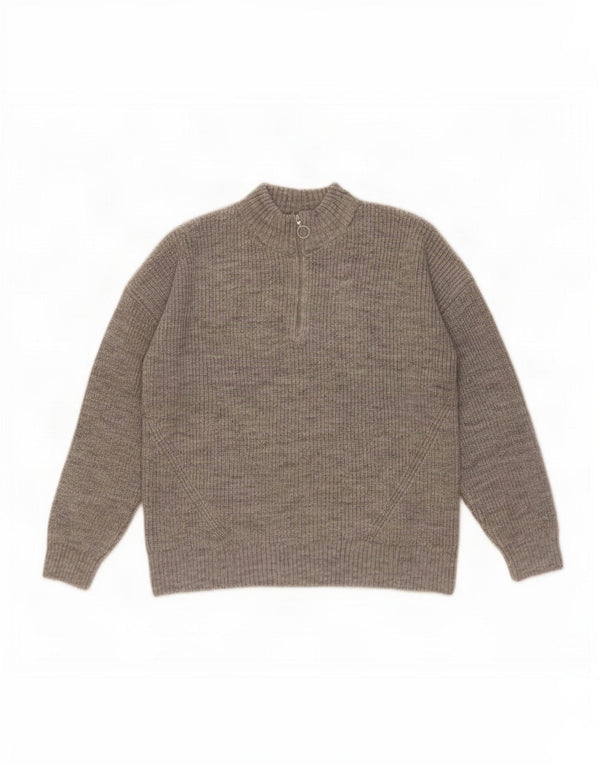 Marks & Spencer Dame Zip Neck Jumper Sweater UK 14 Large Grå Akryl