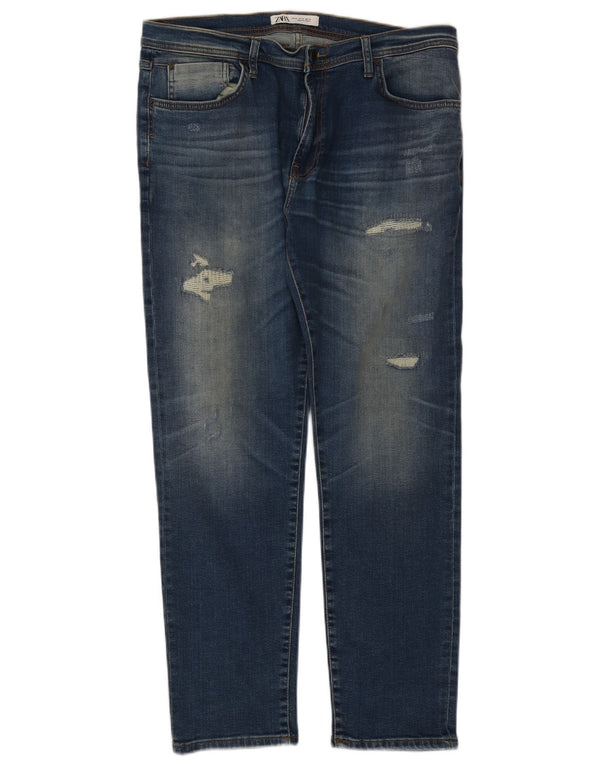 Zara Herre Distressed Straight Jeans EU 46 XL W36 L29 Marineblå Bomuld