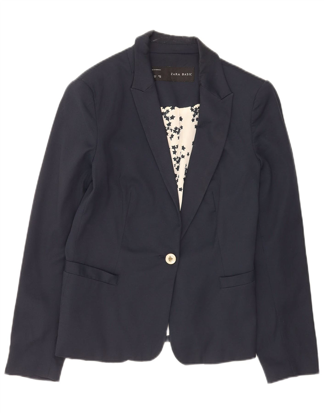Zara Dame 1 Knap Blazer Jacket UK 12 Medium Navy Blue Bomuld