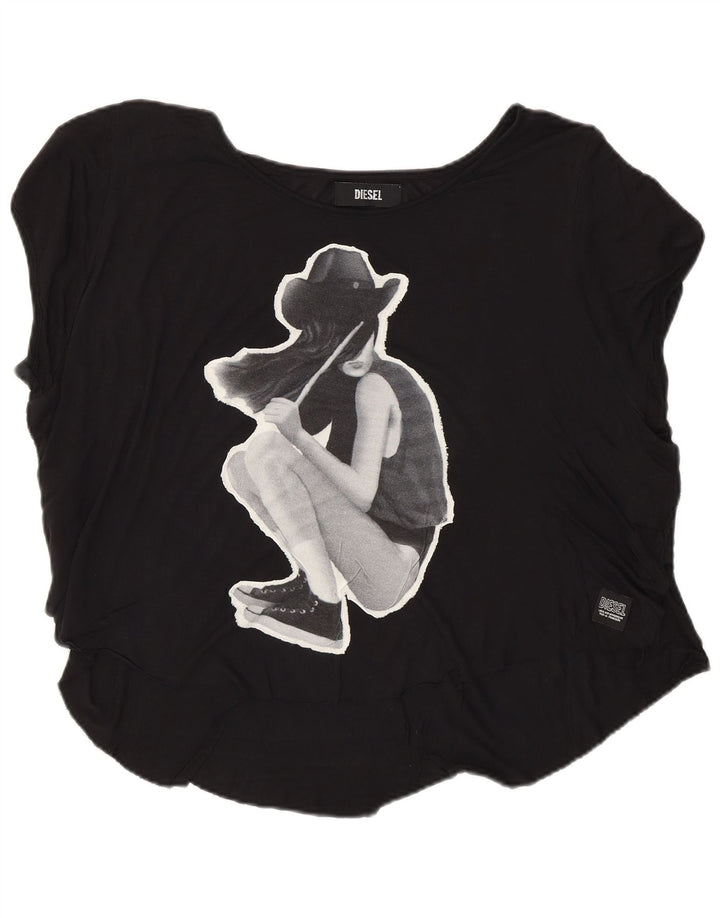 Diesel Dame Grafisk T-Shirt Top UK 16 Stor Sort Viscose
