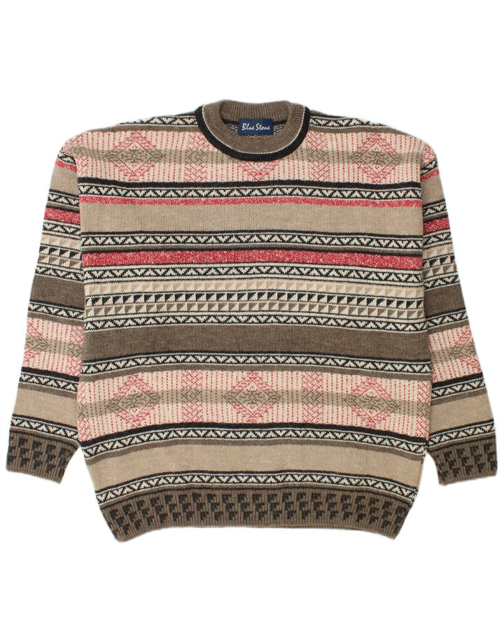Vintage herre rund hals sweater stor flerfarvet geometrisk uld