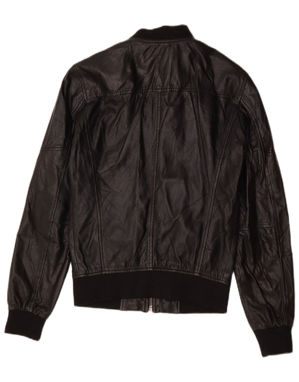 Zara Dame Læder Bomber Jacket UK 10 Lille sort læder