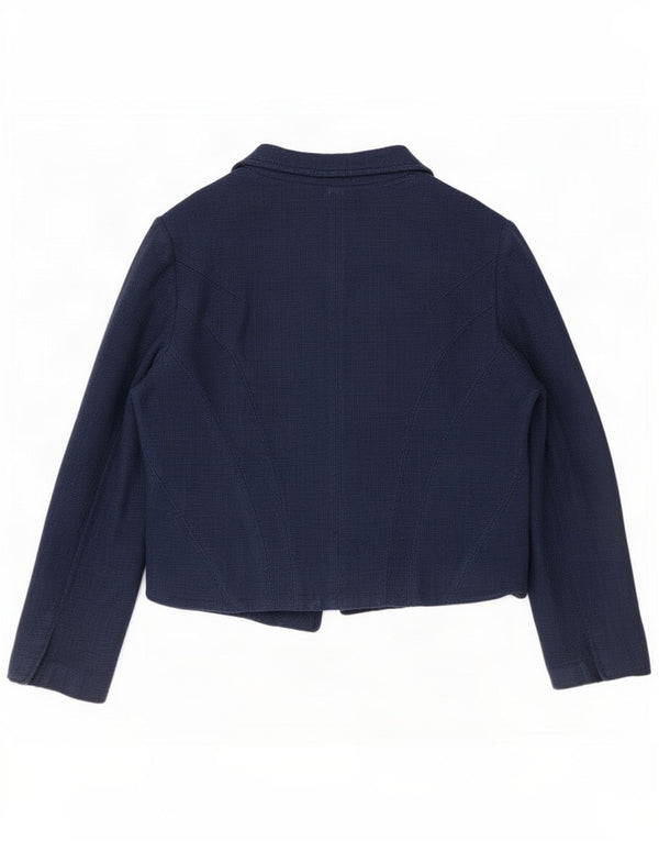 Zara Womens Crop Open Blazer Jacket UK 14 Large Navy Blue Cotton