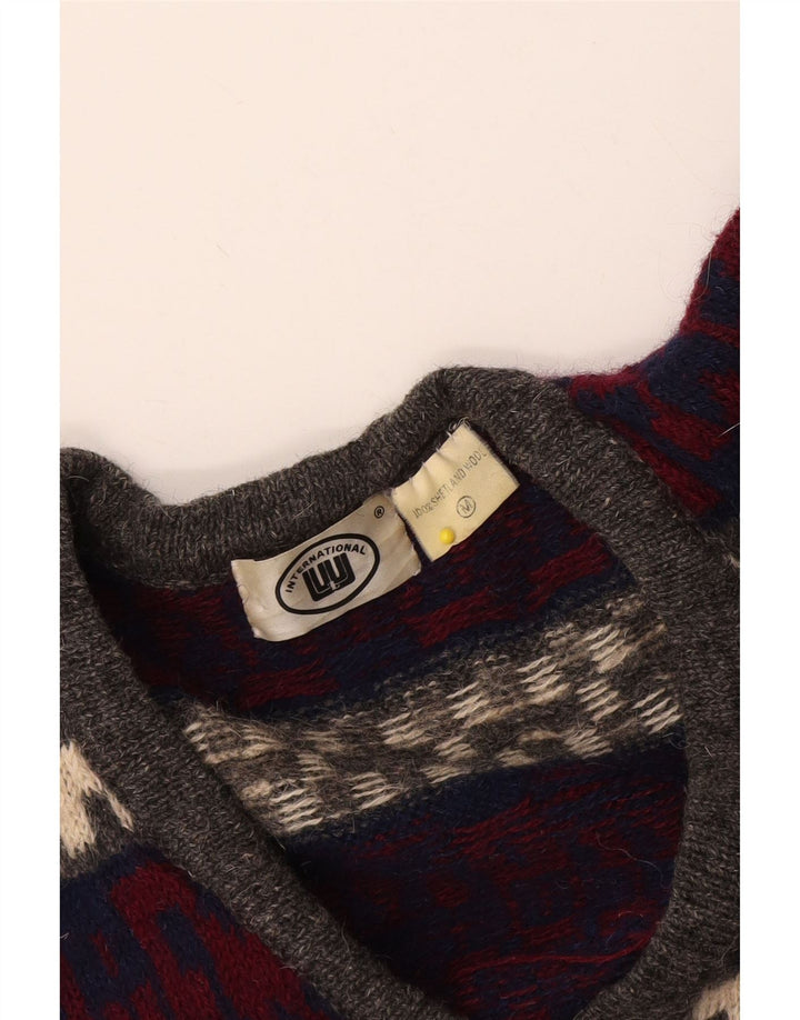 Vintage Mens V-Neck Jumper Sweater Medium Multicoloured Geometric Wool