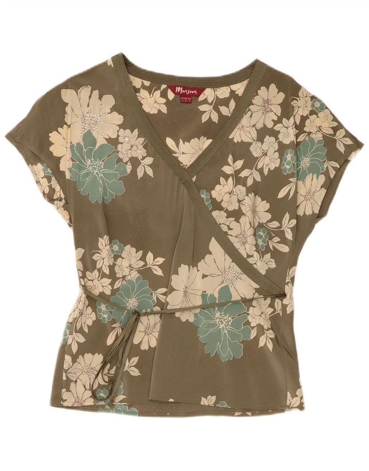 Monsoon Damebluse Top UK 12 Medium Green Floral Silk