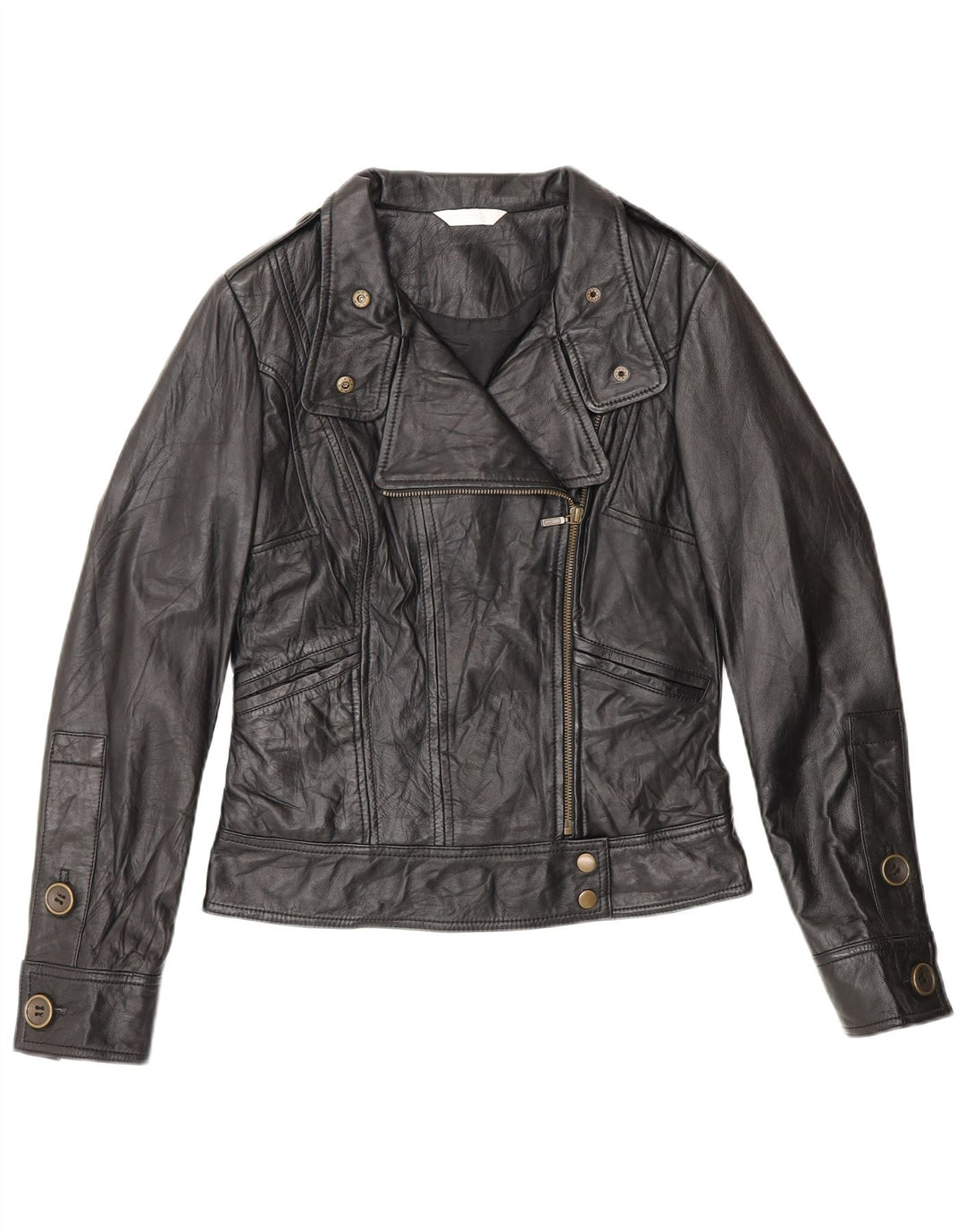Promod Dame Læder Biker Jacket UK 8 Lille Sort