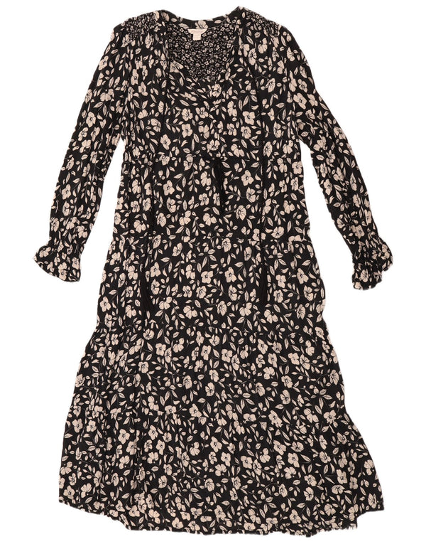 Monsoon Dame Langærmet Maxi Tiered Kjole UK 12 Medium Black Floral
