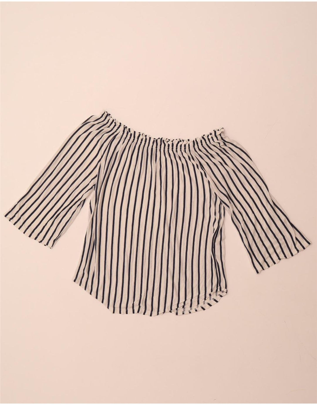 BENETTON Dame 3/4 ærme off Shoulder Top UK 14 Medium hvid stribet