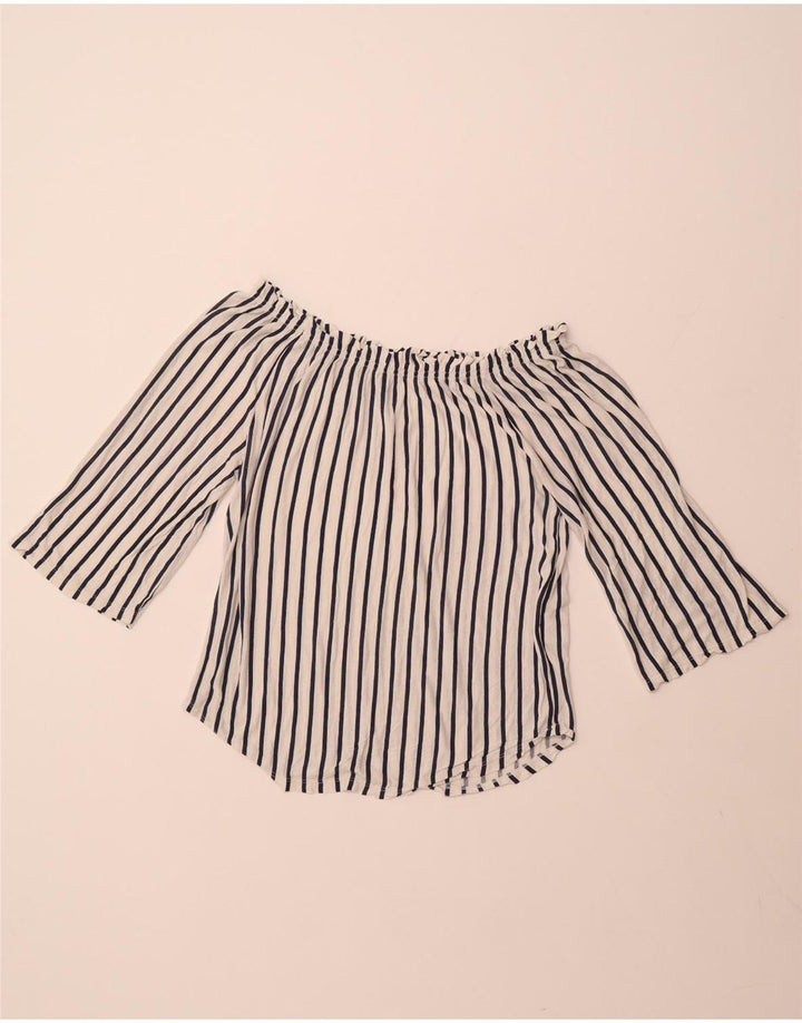 BENETTON Dame 3/4 ærme off Shoulder Top UK 14 Medium hvid stribet