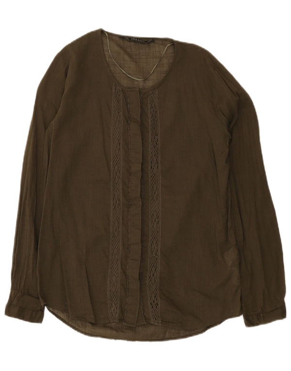 Zara Dame Loose Fit skjortebluse UK 6 XS Khaki Bomuld