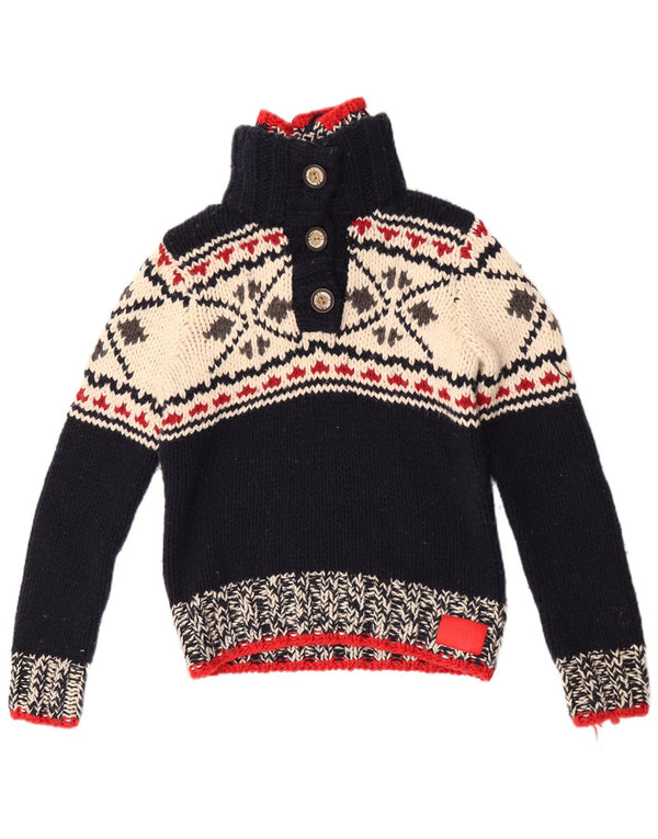 Superdry Dame Button Neck Sweater UK 16 Large Navy Blue Fair Isle