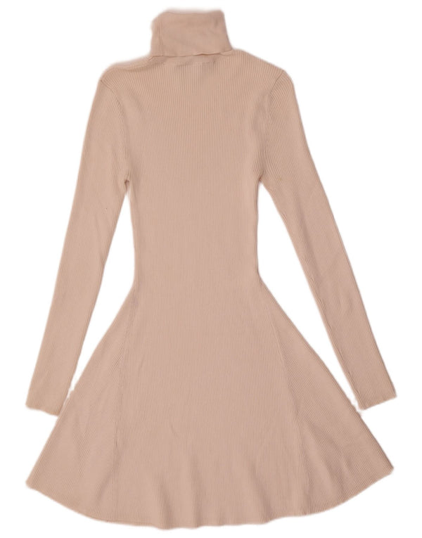 Zara Dame Roll Neck Langærmet Jumper Kjole UK 12 Medium Beige Viscose