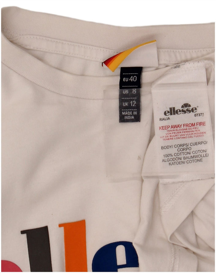 ELLESSE Dame Crop Grafisk T-Shirt Top UK 12 Medium Hvid Bomuld