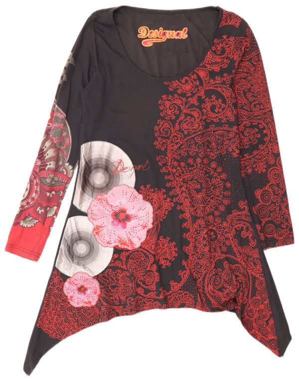 Desigual Dame Langærmet Asymmetrisk Tunika Top UK 12 Medium Grey Floral