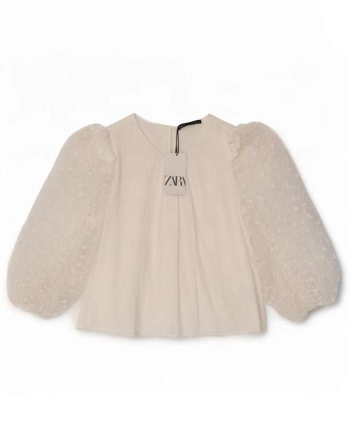 Zara Dame 3/4 ærmet bluse Top UK 14 Large White Viscose