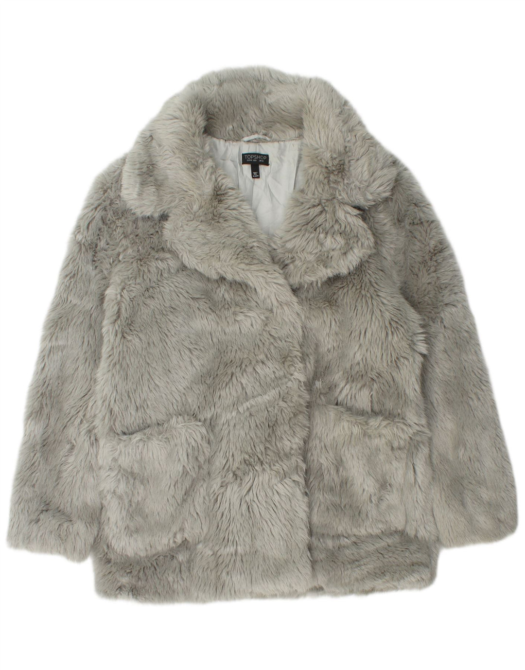 Topshop Dame imiteret Pels Overfrakke UK 12 Medium Grå Modacryl
