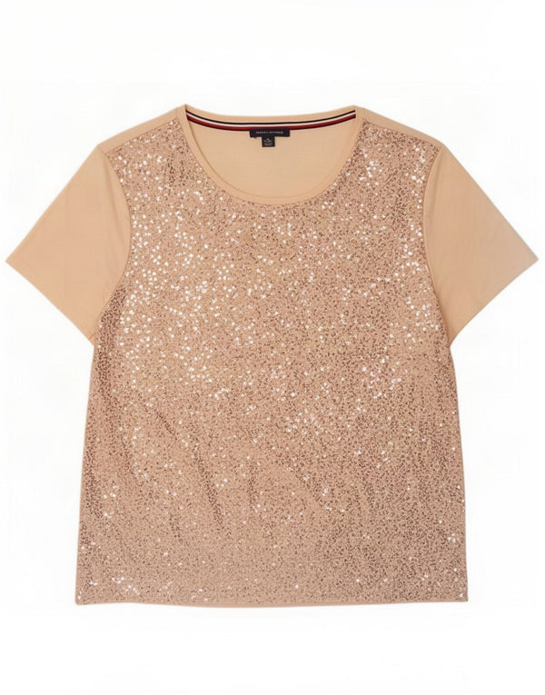 Tommy Hilfiger Dame Paillet T-Shirt Top UK 18 XL Pink Bomuld