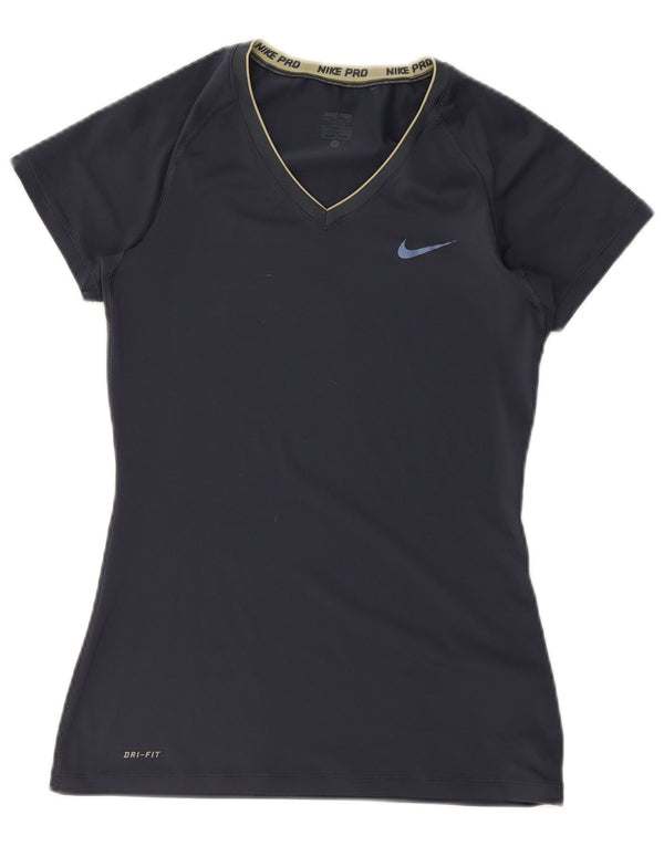 Nike Dame Dri Fit T-Shirt Top UK 12 Medium Navy Blue Polyester