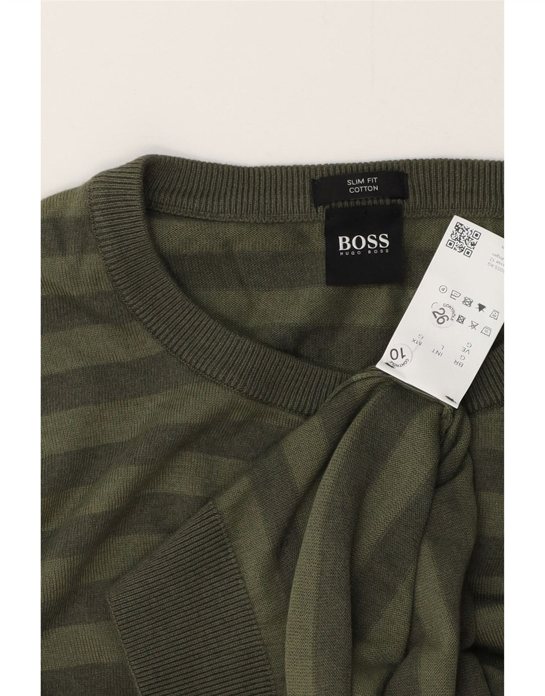 HUGO BOSS Herre Slim Fit Crew Neck Jumper Sweater Stor Grøn Stribet
