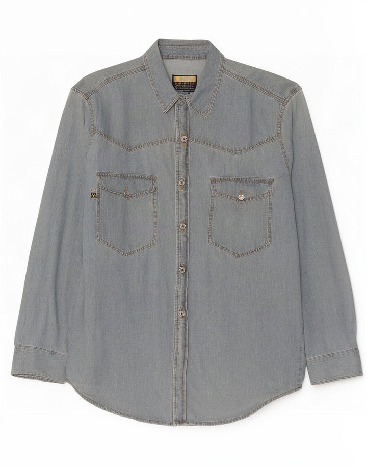 Vintage denimskjorte til mænd, stor blå