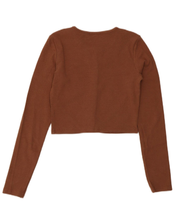 Zara Womens Crop Langærmet Cardigan Top UK 10 Lille Brun Bomuld