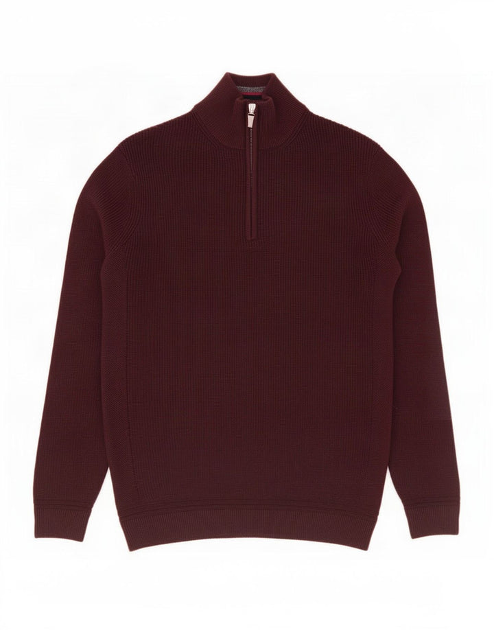 Ted Baker Herre Zip Neck Jumper Sweater Størrelse 3 Medium Burgundy Polyester