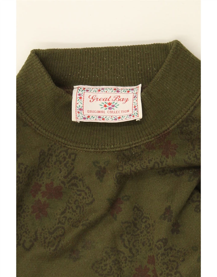 GREAT BAY Womens Turtle Neck Jumper Sweater UK 14 Medium Khaki Floral Vintage Great Bay and Second-Hand Great Bay from Messina Hembry 