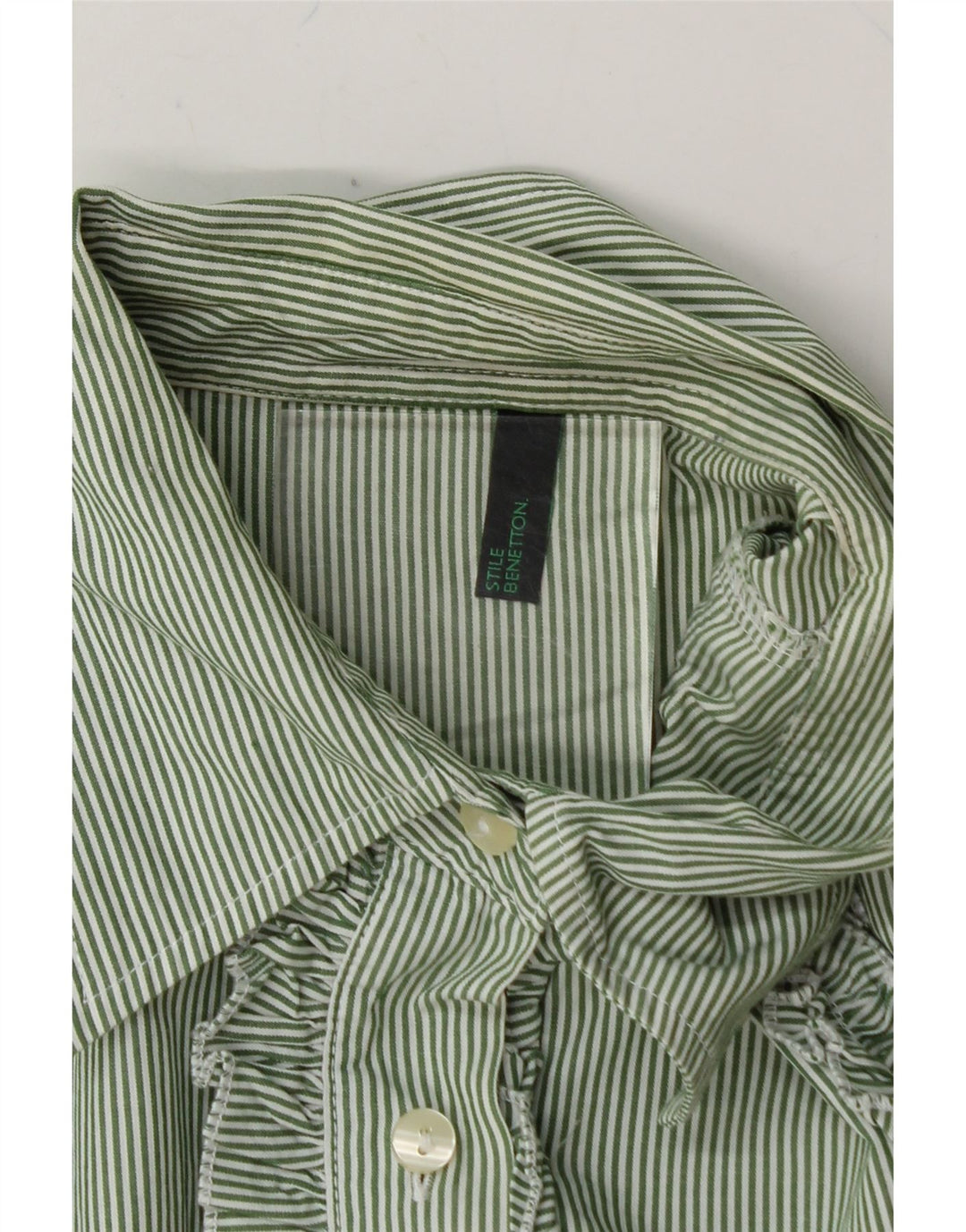 BENETTON Womens Ruffle Front Shirt UK 12 Medium Green Pinstripe Vintage Benetton and Second-Hand Benetton from Messina Hembry 