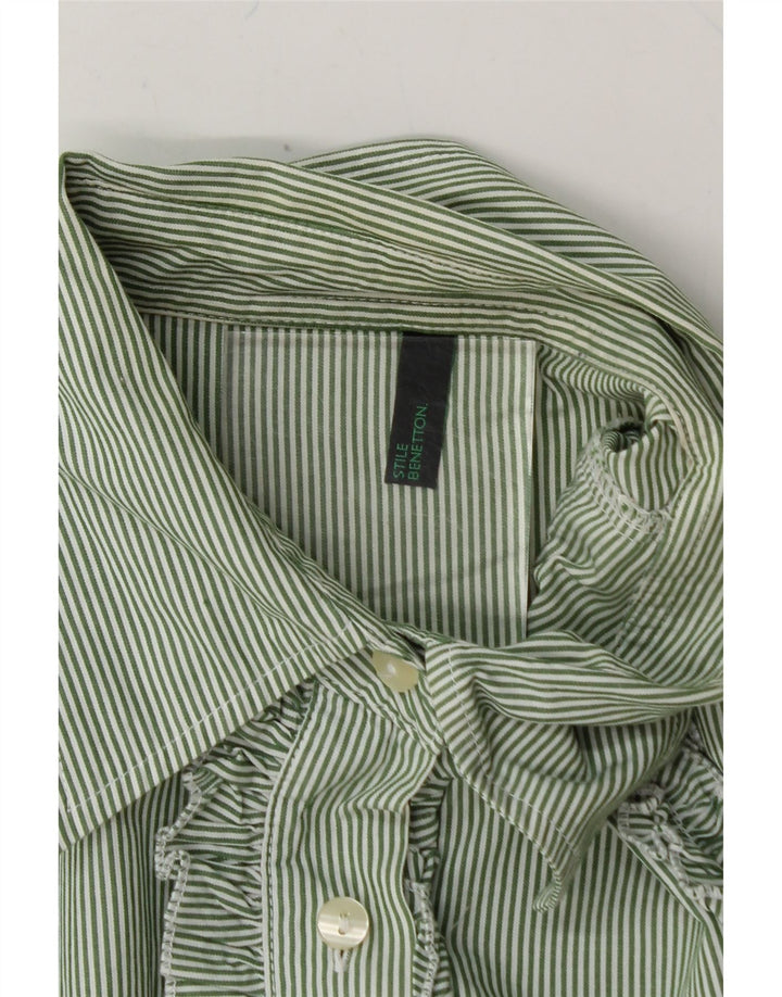 BENETTON Womens Ruffle Front Shirt UK 12 Medium Green Pinstripe Vintage Benetton and Second-Hand Benetton from Messina Hembry 