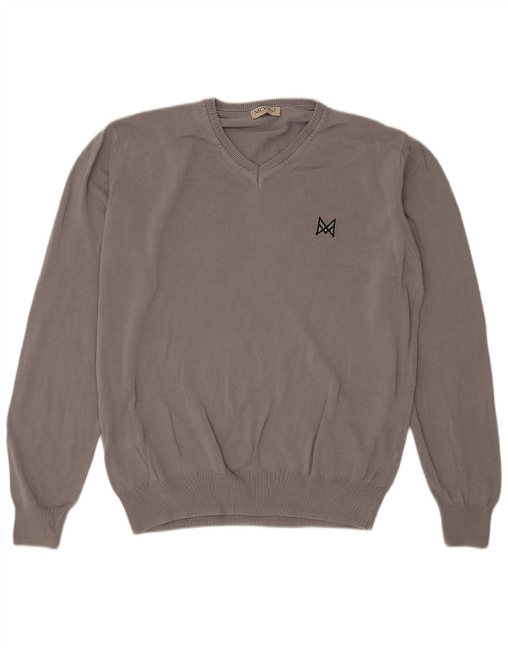 Vintage herre V-hals sweater stor grå bomuld