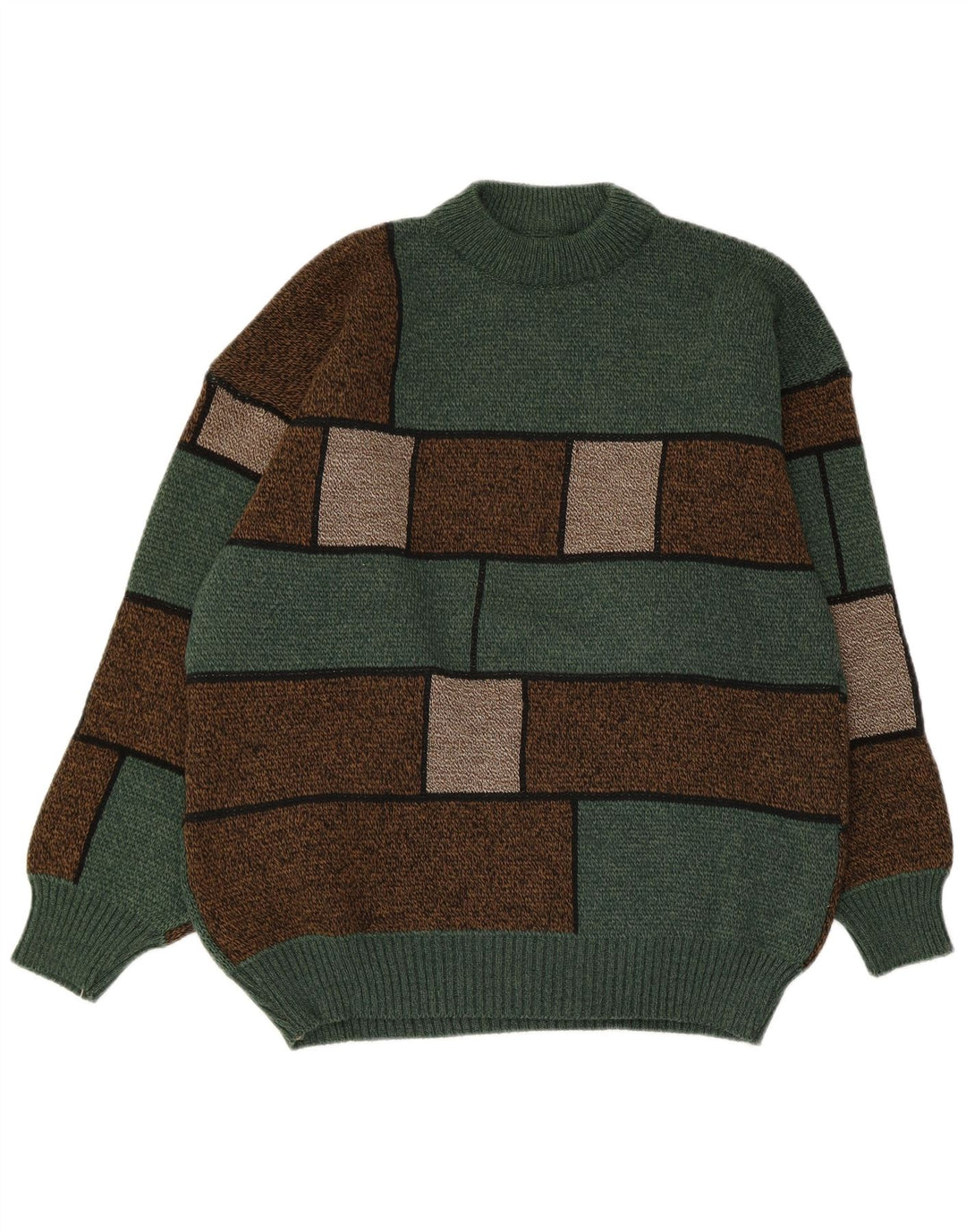 Vintage Herre Turtle Neck Jumper Sweater Medium Green Colourblock