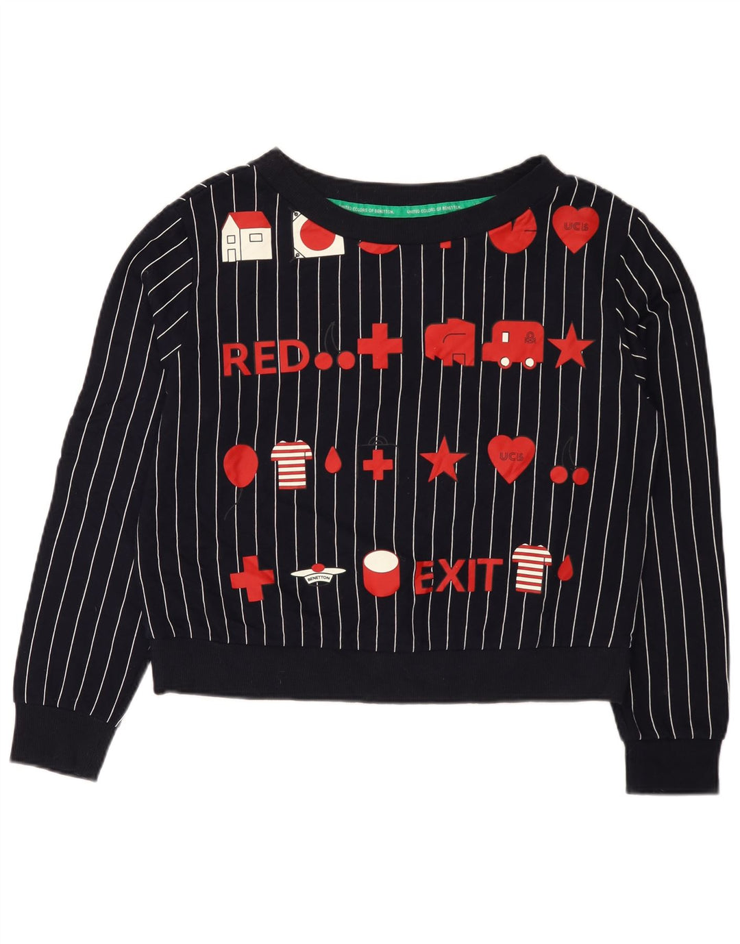 Benetton Dame Grafisk Sweatshirt Jumper UK 14 Mellem marineblå stribet