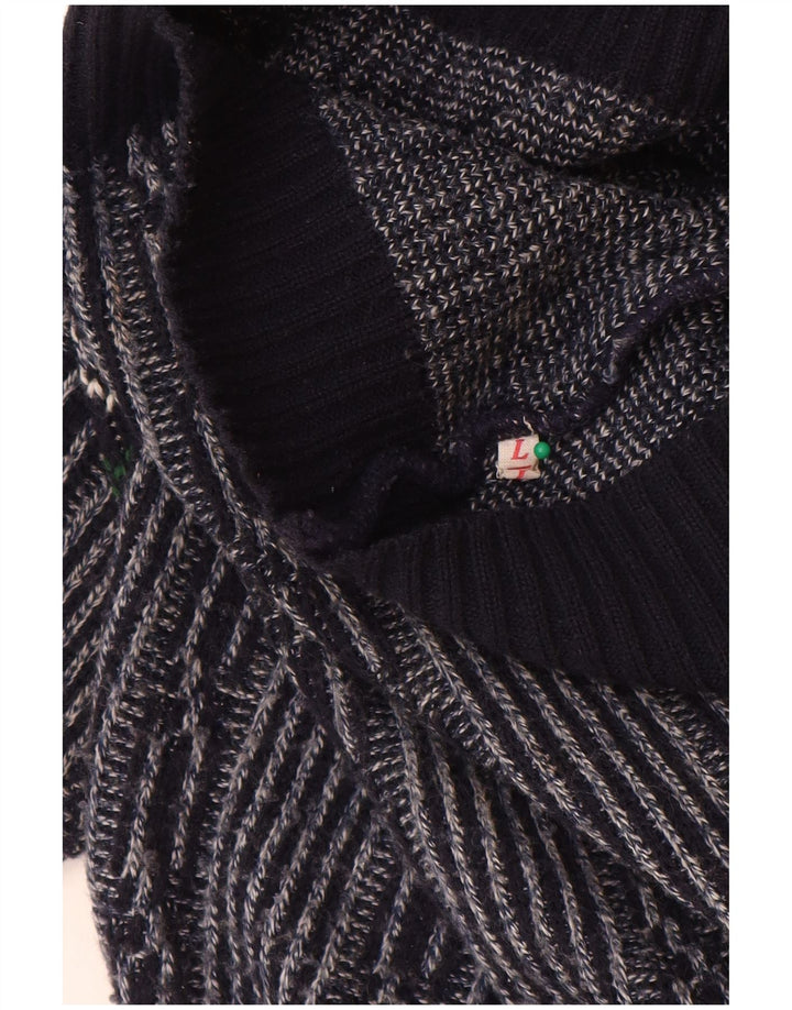 C & A Herre Boat Neck Jumper Sweater Large Navy Blue Fair Isle Polyacrylic