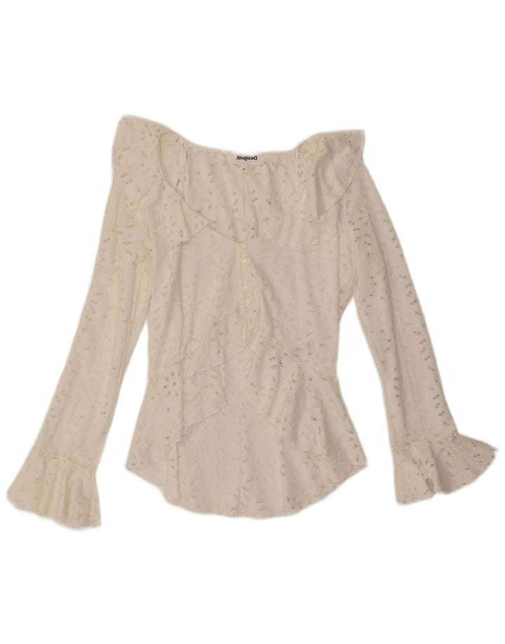 Desigual Dame Asymmetrisk Skjorte Bluse UK 12 Medium White Bomuld