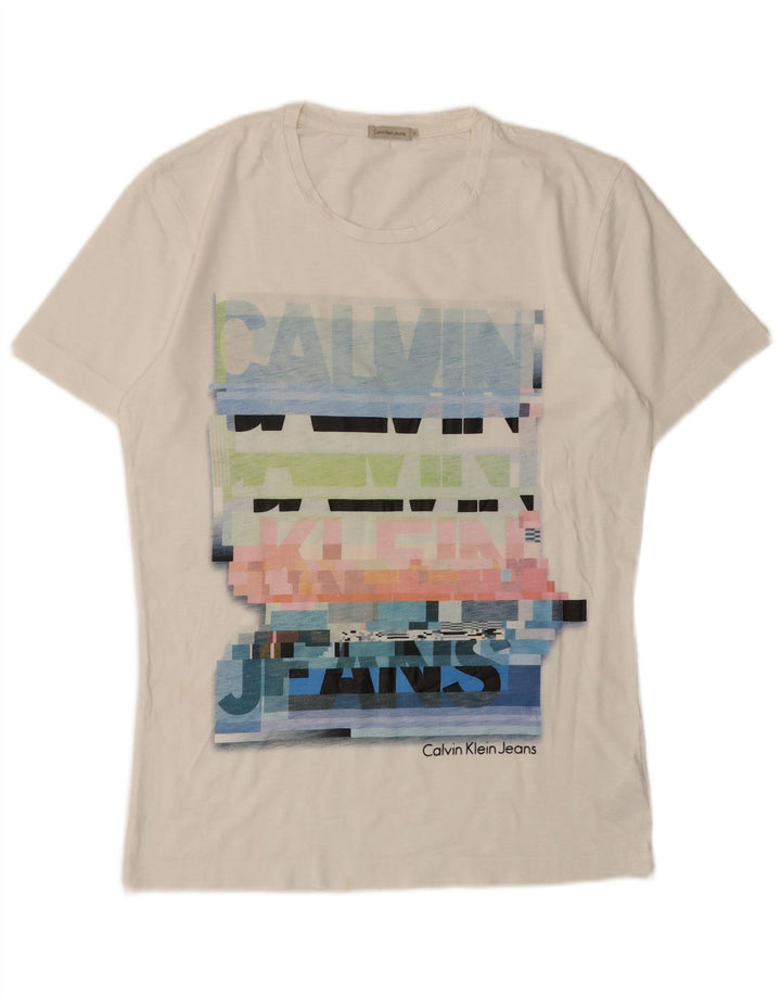 CALVIN KLEIN JEANS Herre grafisk T-shirt Top Medium Hvid Bomuld