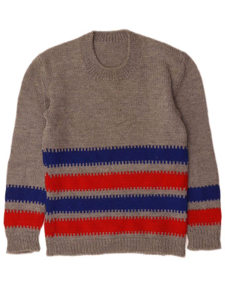 Vintage dame sweater med rund hals DK 14 mellem grå stribet
