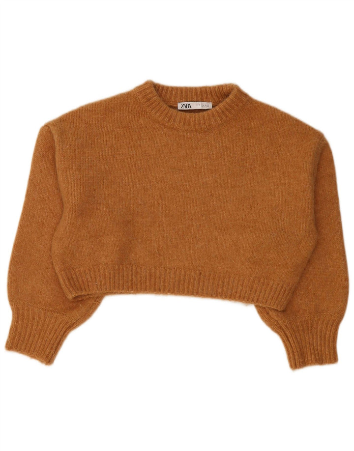 Zara Womens Crop Crew Neck Jumper Sweater UK 14 Medium Beige Nylon