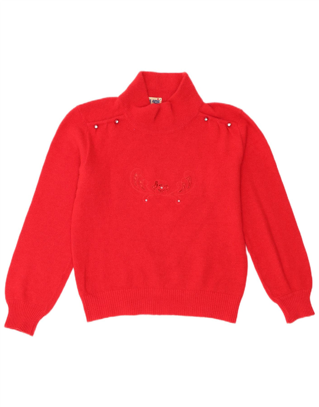 Vintage Dame Turtle Neck Jumper Sweater UK 12 Medium Red Floral Wool