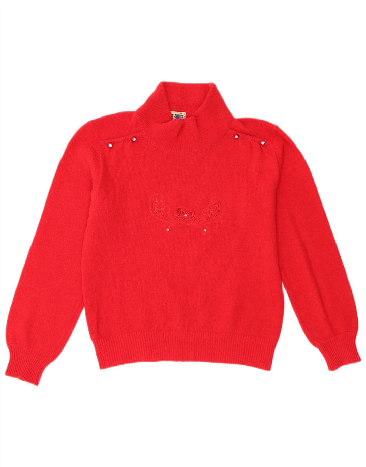 Vintage Dame Turtle Neck Jumper Sweater UK 12 Medium Red Floral Wool
