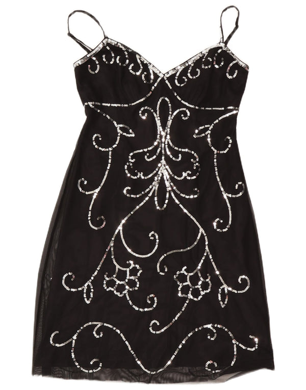 Debut Kvinders Aften Ærmeløs Skede Kjole UK 14 Medium Sort Paisley