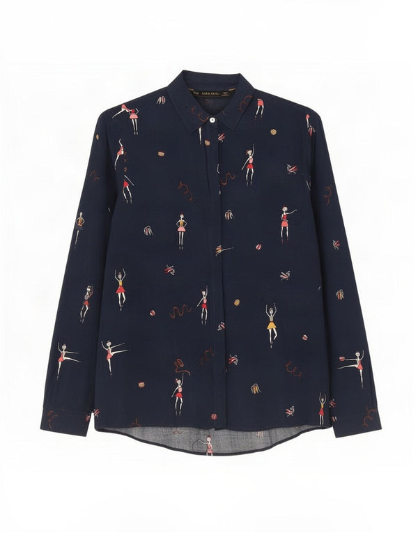 Zara grafisk skjortebluse til kvinder UK 6 XS marineblå viskose