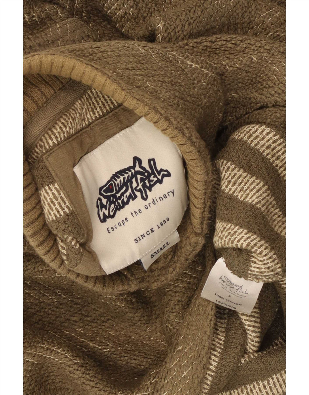 Weird Fish Herre Button Neck Sweatshirt Jumper lille Khaki stribet bomuld