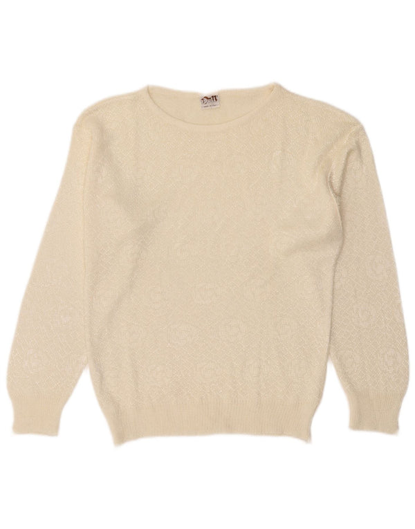 Vintage Dame Boat Neck Jumper Sweater UK 12 Medium White Acryl