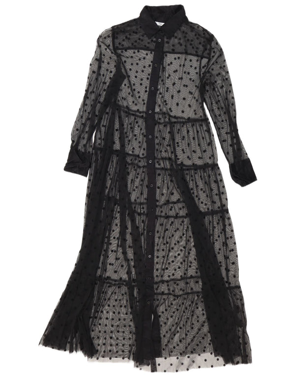 Zara Dame Se Through Oversized Skjortekjole UK 6 XS Sort Polka Dot