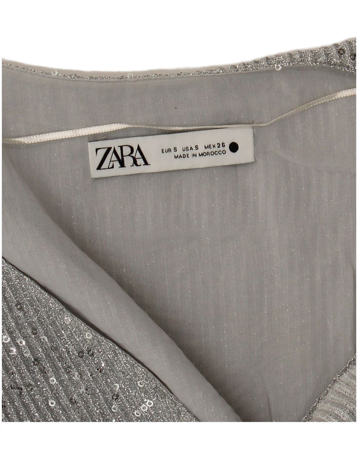 Zara Dame Crop Top Langærmet UK 10 Lille Sølv