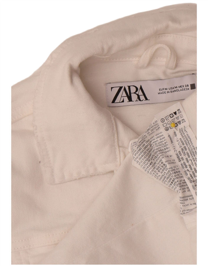 Zara Dame Crop Denim Jacket UK 14 Medium White Bomuld